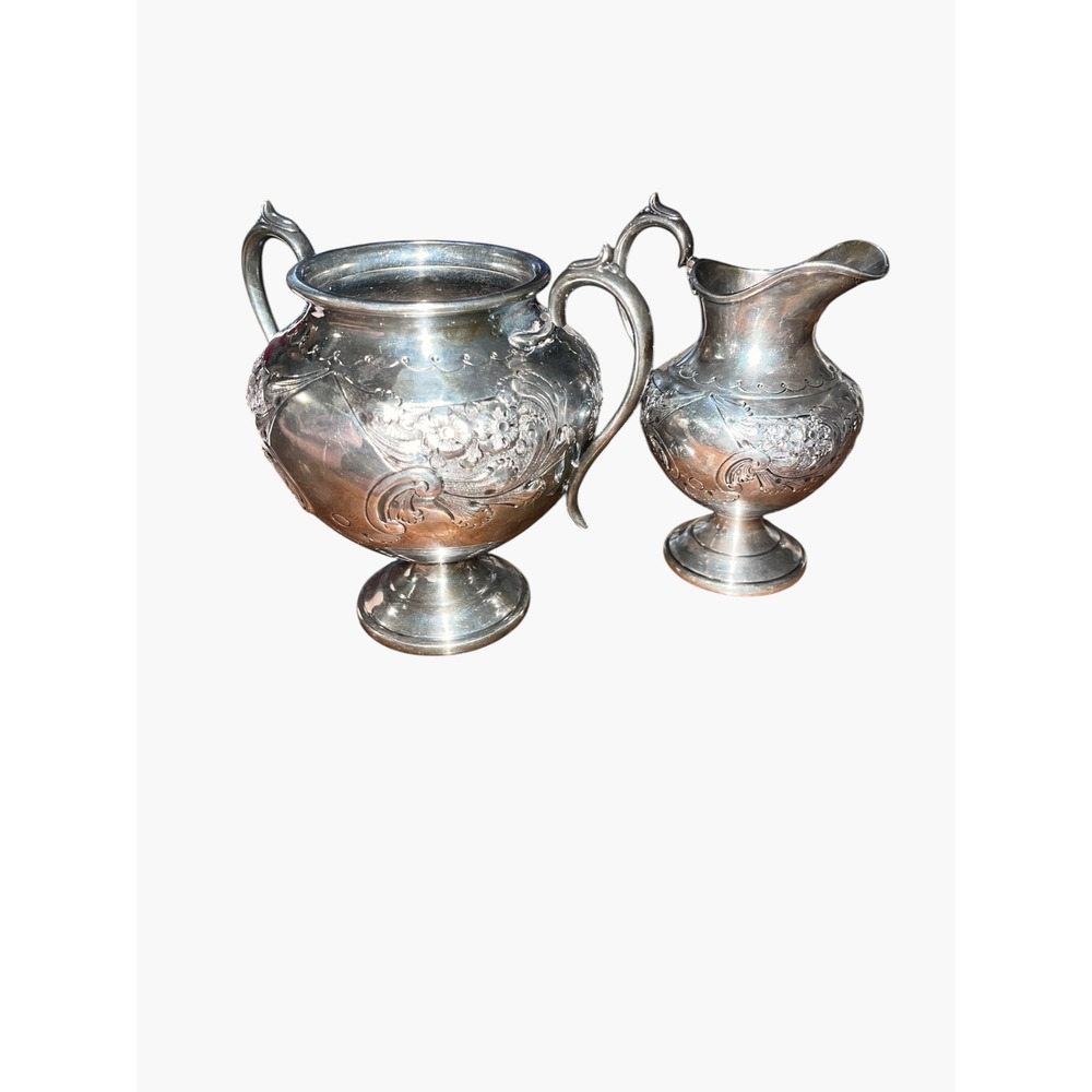 Antique Silver Plate Repousse Creamer and Sugar Bowl Set Floral Victorian Style